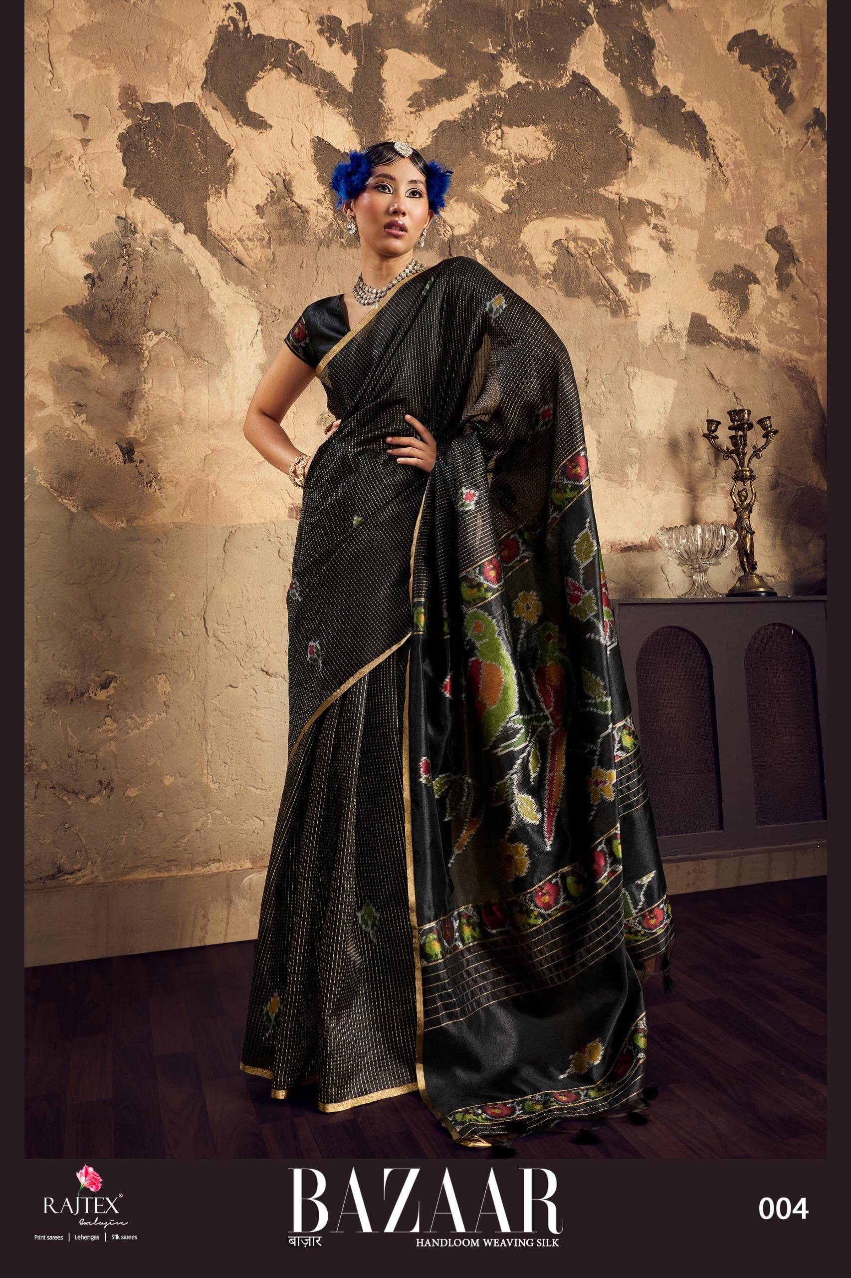 BAZAAR BY RAJ TEX 001 to 006 Series Indian Traditional Wear Collection Beautiful Stylish Fancy Colorful Party Wear & Occasional Wear Satin Crepe Sarees At Wholesale Price